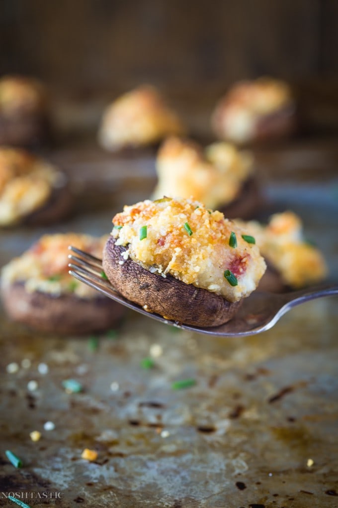 Gluten Free Stuffed Mushrooms with bacon, they are fabulously tasty little flavor bombs!! it's such an EASY recipe and they are cooked in only 20 minutes!Dairy free option included 