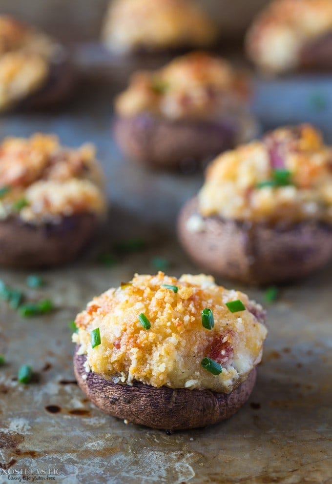 Gluten Free Stuffed Mushrooms with bacon, they are fabulously tasty little flavor bombs!! it's such an EASY recipe and they are cooked in only 20 minutes!Dairy free option included