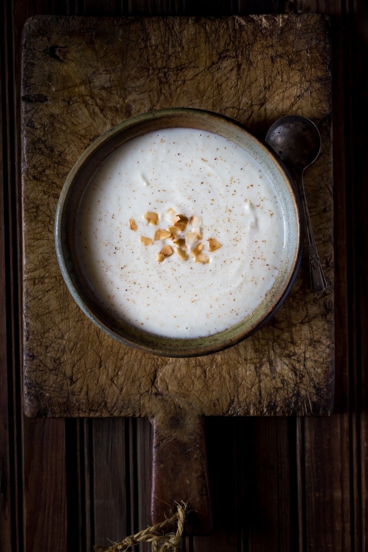 A Creamy Paleo Cauliflower Soup with Coconut Milk with a hint of nutmeg! it’s Gluten Free and Dairy free, Vegan option, Paleo, and Whole30.