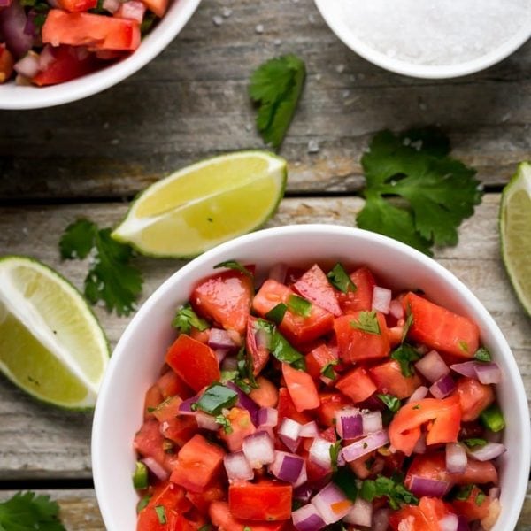 The BEST no cook salsa, make it in TEN minutes with fresh tomatoes, cilantro and red onion | Gluten Free | Vegan | Paleo | Whole 30 |