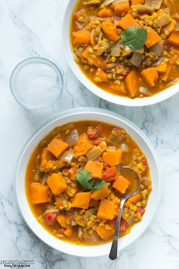 A really easy Sweet Potato and Lentil Curry that's gluten free and Vegan too! Serve it with Naan Bread and Yoghurt | visit noshtastic.com for more great recipes!