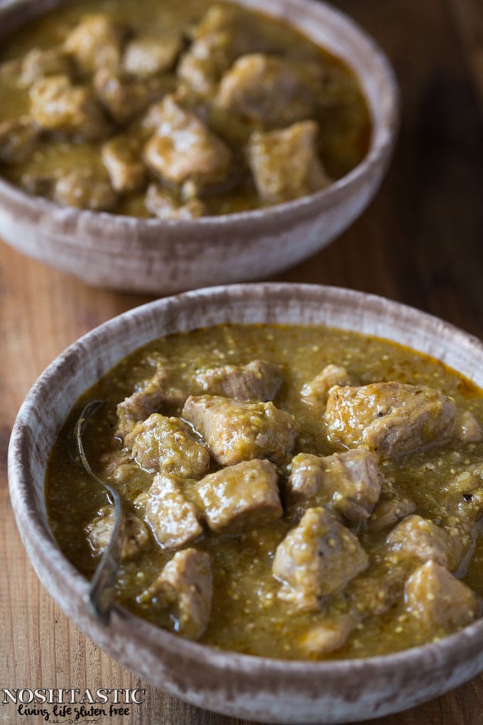 Easy Paleo Chili Verde recipe with roasted tomatillos, garlic, onion, and tender pieces of pork that melt in your mouth! it's Gluten Free and Whole30 too.