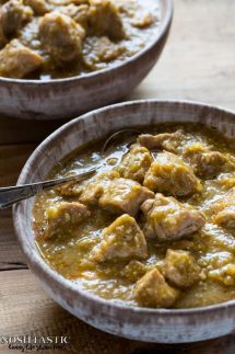 Pressure Cooker Paleo Chile Verde recipe with roasted tomatillos, garlic, onion, and tender pieces of pork that melt in your mouth! it's Gluten Free and Whole30 too.