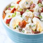 The BEST Potato Salad with Bacon and Egg recipe ever!! It's loaded with yummy bacon, egg and pickle!! Can be made Paleo and Whole30, gluten free too!
