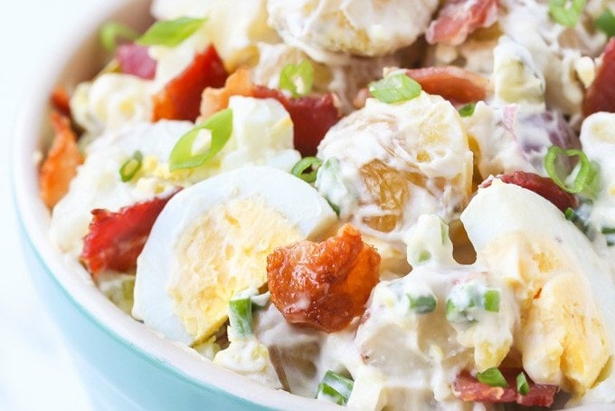 The BEST Potato Salad with Bacon and Egg recipe ever!! It's loaded with yummy bacon, egg and pickle!! Can be made Paleo and Whole30, gluten free too!