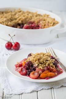 Gluten Free Fruit Crisp is a perfect way to combine seasonal fruits for a really delicious baked dessert that is low enough in sugar per serving it also doubles as a healthy breakfast. You can serve it hot or cold, with ice cream, whipped cream, or simply enjoy it on it's own with nothing in addition. This recipe is Vegan.