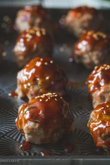 Gluten Free Turkey Meatballs with Paleo Options - Bake in the oven in 20 minutes and covered in a delicious sticky Asian Style Honey, Soy and Sesame Sauce!