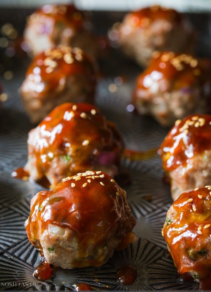 My easy oven baked Gluten Free Turkey Meatballs with Asian Style Sauce are perfect for a weeknight family meal, with paleo option 