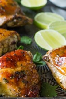 Easy baked Cilantro Lime Chicken with Garlic! Made with a Cilantro, Honey, Allspice, Lime, Chili Flakes and Garlic marinade, this is a Paleo recipe with a Whole 30 option.