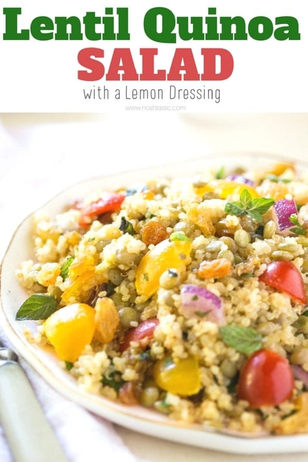 Lentil Quinoa Salad with Golden Raisins and Lemon Dressing that's packed with fresh flavors, it's gluten free, vegan, vegetarian and very healthful lunch! www.noshtastic.com #vegan #vegetarian #glutenfree #quinoa #lentils #quinoasalad #lentilsalad #noshtastic