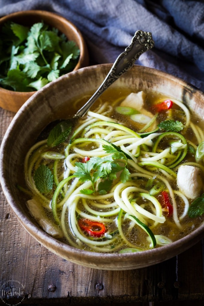 My Paleo Chicken Noodle Soup with zucchini noodles (or zoodles) can be made in 20 MINUTES! It's packed with flavor, is healthy, low carb, whole30 and gluten free too! only 4 weight watchers smart points.