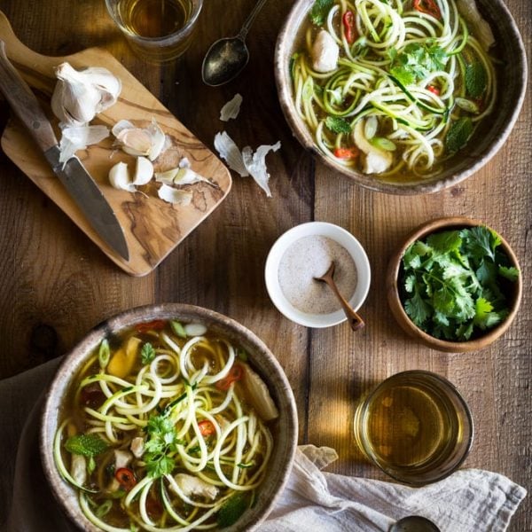 My Paleo Chicken Noodle Soup with zucchini noodles (or zoodles) can be made in 20 MINUTES! It's packed with flavor, is healthy, low carb, whole30 and gluten free too! only 4 weight watchers smart points.