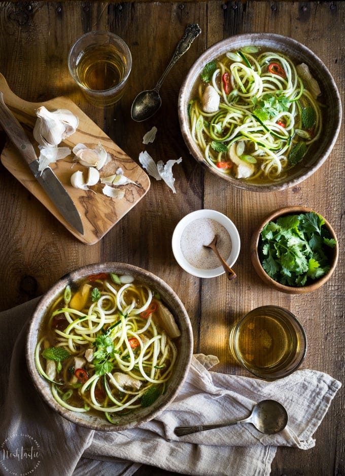 My Paleo Chicken Noodle Soup with zucchini noodles (or zoodles) can be made in 20 MINUTES! It's packed with flavor, is healthy, low carb, whole30 and gluten free too! only 4 weight watchers smart points.