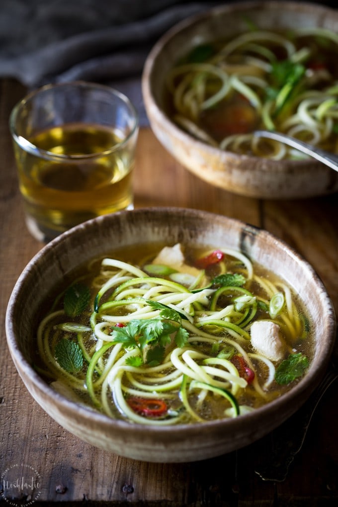 My Paleo Chicken Noodle Soup with zucchini noodles (or zoodles) can be made in 20 MINUTES! It's packed with flavor, is healthy, low carb, whole30 and gluten free too! only 4 weight watchers smart points.