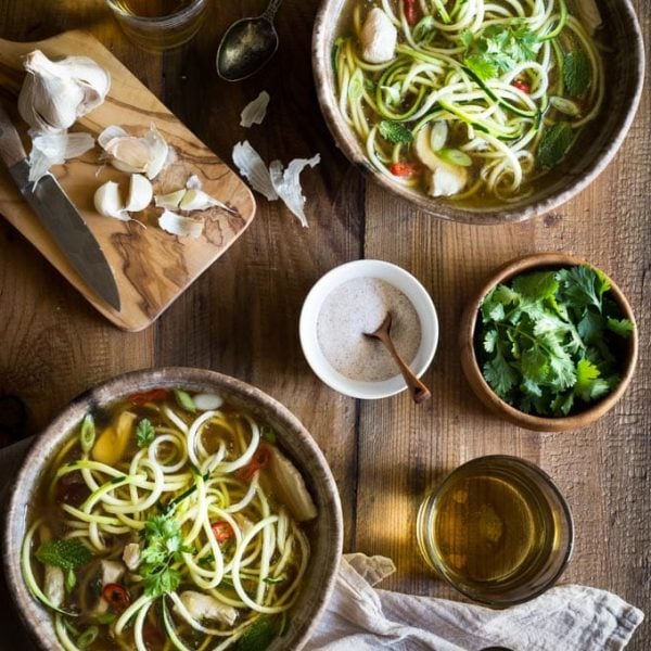 My Paleo Chicken Noodle Soup with zucchini noodles (or zoodles) can be made in 20 MINUTES! It's packed with flavor, is healthy, low carb, whole30 and gluten free too! only 4 weight watchers smart points.