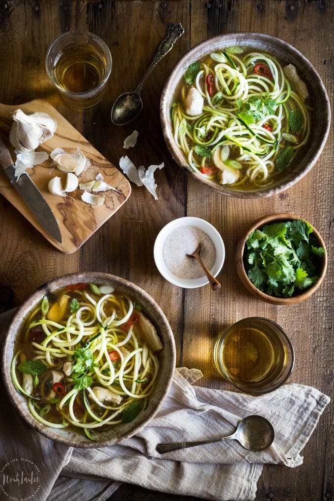 My Paleo Chicken Noodle Soup with zucchini noodles (or zoodles) can be made in 20 MINUTES! It's packed with flavor, is healthy, low carb, whole30 and gluten free too! only 4 weight watchers smart points.