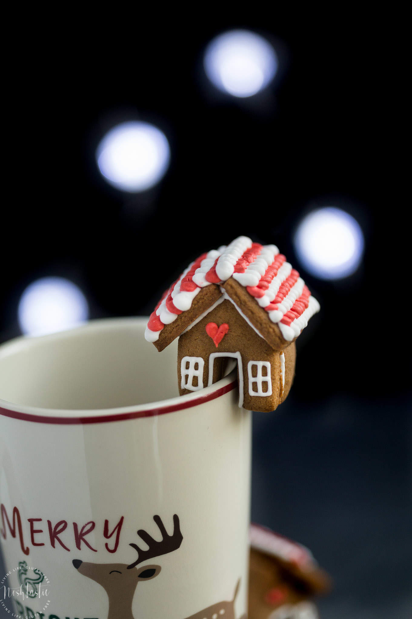 You can make these ADORABLE, cute, mini gingerbread house mug topper, Christmas Cookies, all the details are in the post! they are gluten free.