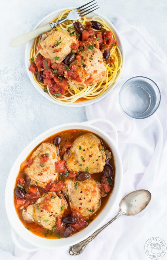 This easy Pressure cooker Chicken Puttanesca Recipe is a breeze to make in your Instant Pot or other electric pressure cooker, it's a gluten free variation of the Italian dish Spaghetti alla puttanesca.
