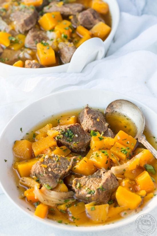 This Pressure Cooker Beef and Butternut Squash Stew is an easy weeknight meal that your whole family will love! it's gluten free, paleo, whole30, low carb. Perfect for your Instant Pot or other Electric Pressure Cooker.