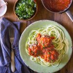Paleo Italian Meatballs contain no breadcrumbs or grains of any kind. These beef and pork meatballs are baked in the oven and the Marinara sauce is made on the stove, from scratch, with tomatoes, onions, garlic and herbs #zoodles #spiralizer #spiralized #paderno #paleo #whole30 #w30 #paleomeatballs #paleodinner #paleomains #whole30dinner #whole30mains