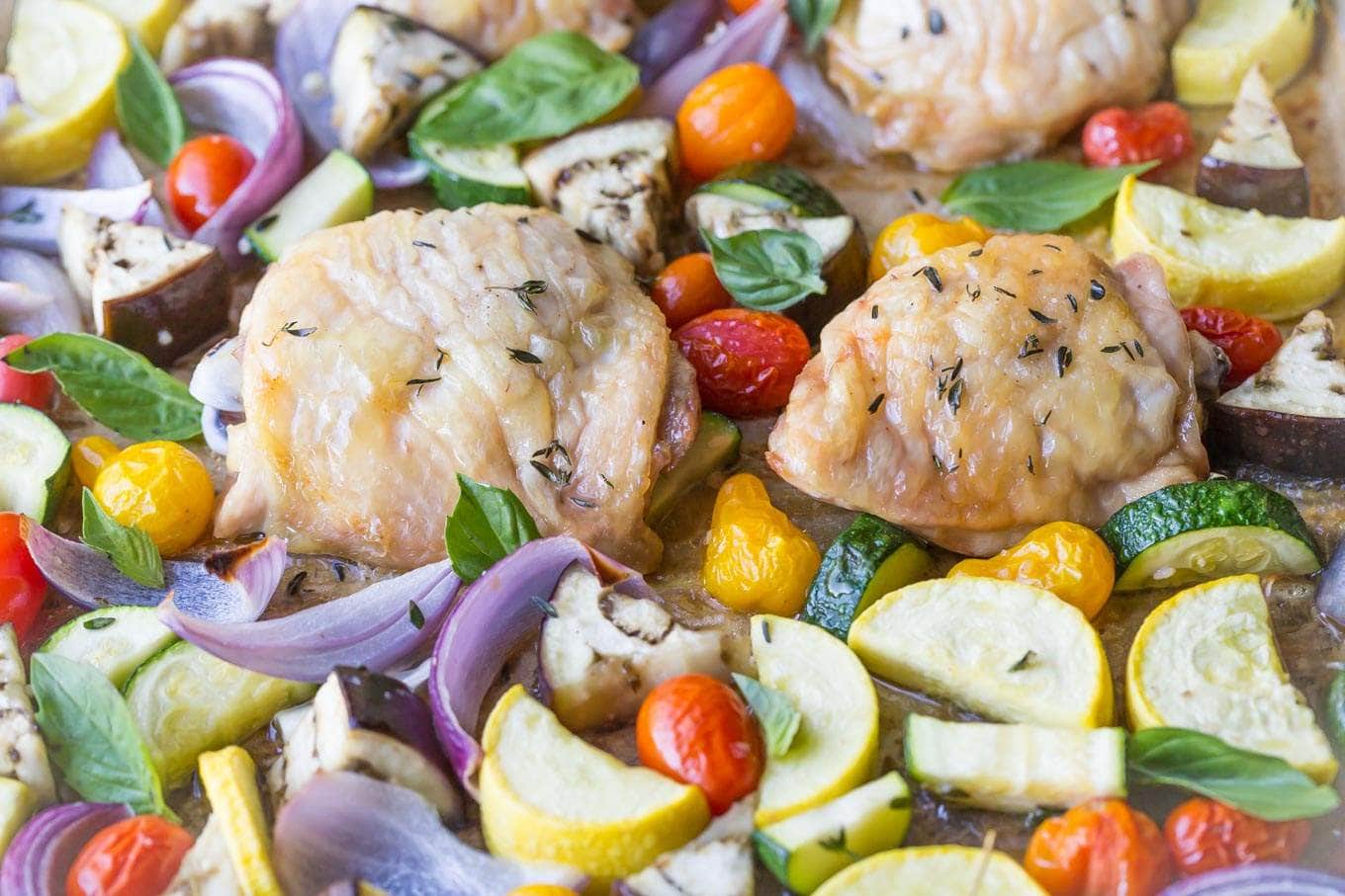 Sheet pan Chicken with Roasted Ratatouille! This healthy one pan meal is gluten free, paleo, whole30, and low carb.