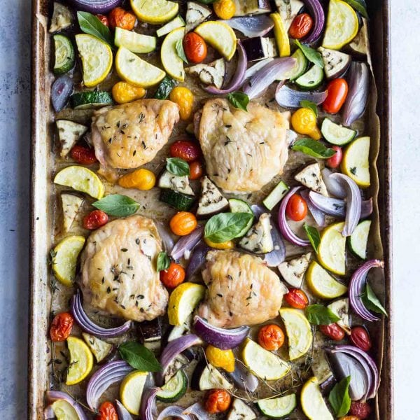 Sheet pan Chicken with Roasted Ratatouille! This healthy one pan meal is gluten free, paleo, whole30, and low carb.