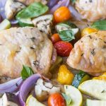 Sheet pan Chicken with Roasted Ratatouille! This healthy one pan meal is gluten free, paleo, whole30, and low carb.