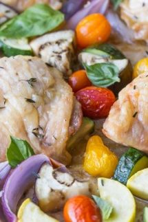 Sheet pan Chicken with Roasted Ratatouille! This healthy one pan meal is gluten free, paleo, whole30, and low carb.