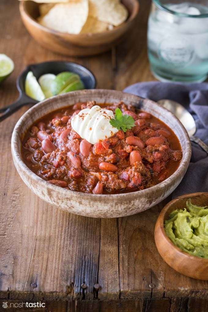 Bowl of Instant Pot Chili on a table