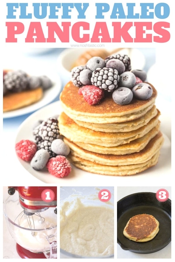 Paleo Pancakes, I promise these are the FLUFFIEST paleo pancakes you'll ever try, this is the only recipe you'll need! | gluten free pancakes, refined sugar free #paleodiet #paleohacks #paleopancakes #almondflourpancakes #paleobreakfast #refinedsugarfree #glutenfreepancakes #noshtastic