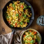 Paleo Singapore Noodles, made with zucchini noodles, shrimp, chicken and tasty mild curry flavored sauce with added turmeric! Gluten free, healthy and low carb with Whole30 options