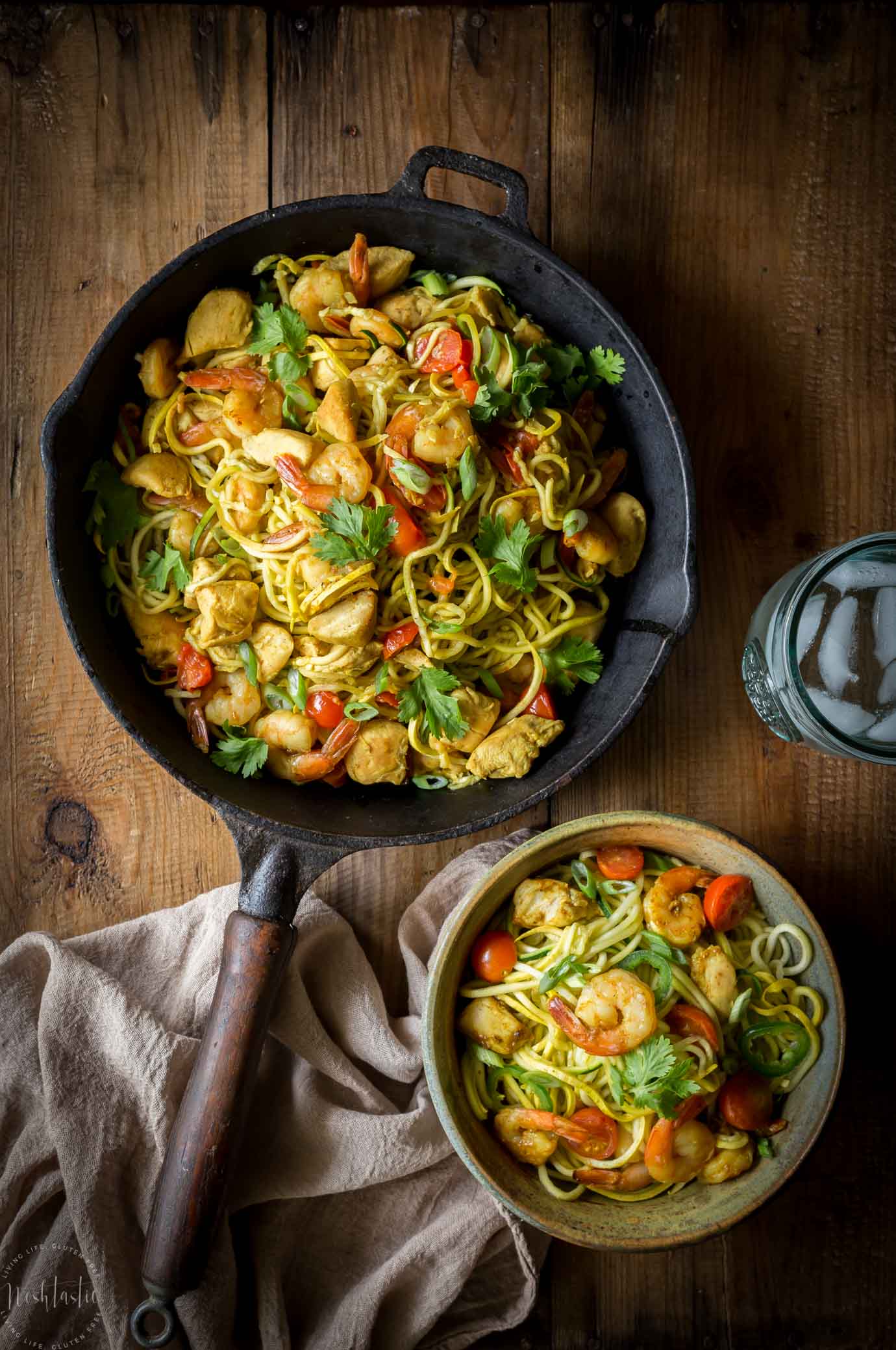 Paleo Singapore Noodles, made with zucchini noodles - zoodles , shrimp, chicken and tasty mild curry flavored sauce with added turmeric! This Singapore street noodles recipe is packed with authentic flavors, it is Gluten free, healthy, low carb with Whole30. If you're looking for a PF Chang's Street Noodles recipe to make at home, this is it!