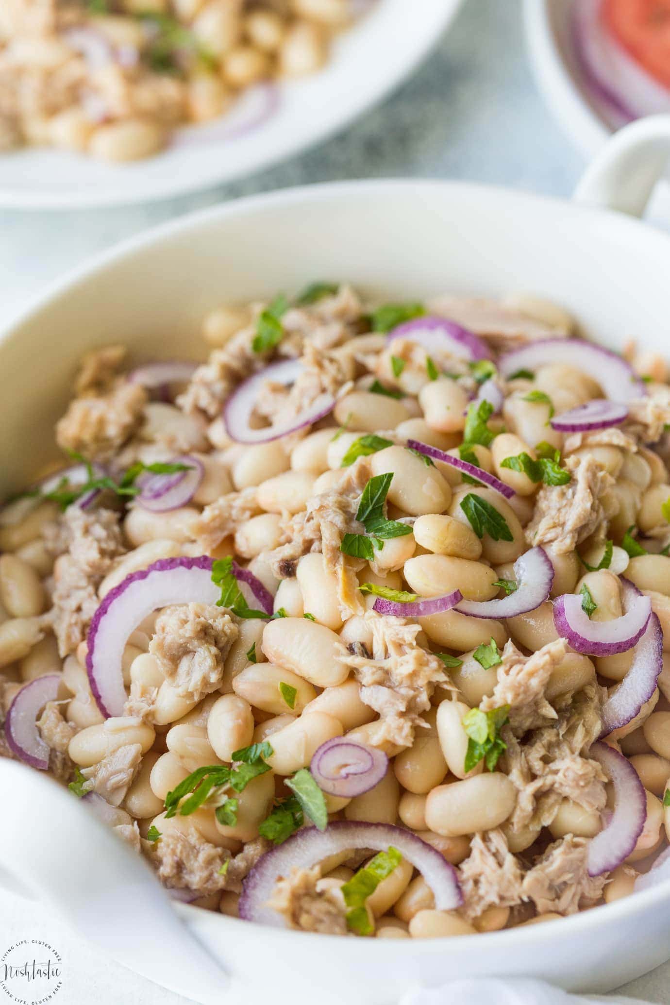 You'll love my Tuna White Bean Salad with Red Wine vinegar dressing, and no mayo! It's packed full of protein and contains, tuna, white beans and fresh parsley. A really healthy, gluten free, low calorie lunch or dinner option, this salad is ready to eat in less than 5 Minutes!