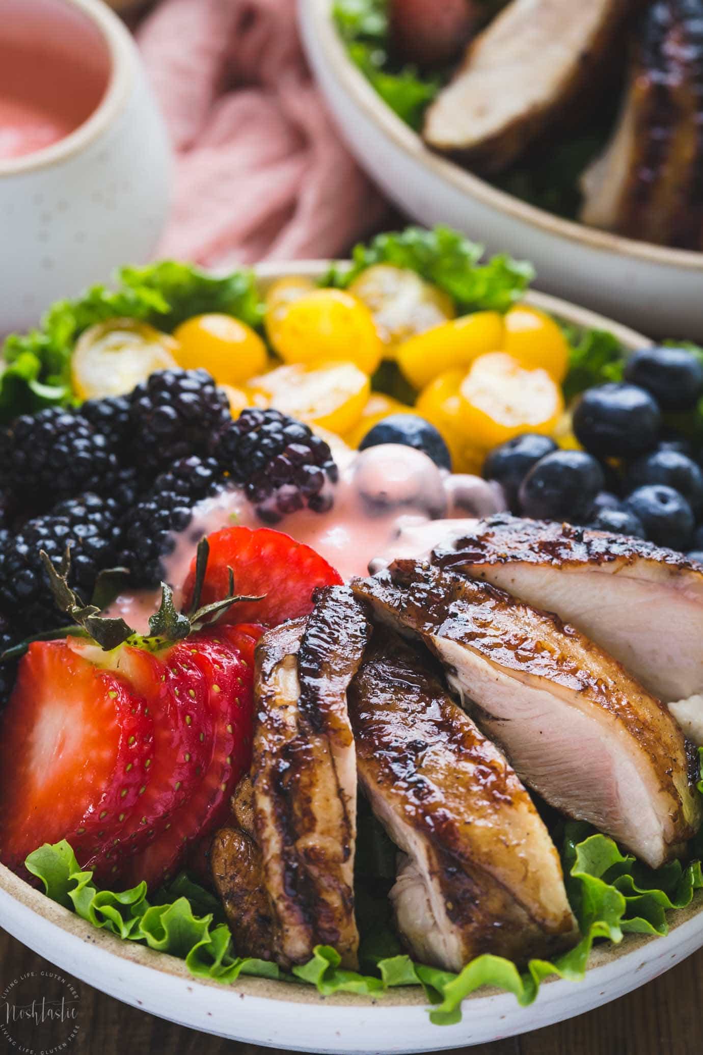 Closeup Grilled Balsamic Chicken Salad With Strawberry Vinaigrette