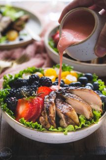 Grilled Paleo Balsamic Chicken with fruity salad and creamy dairy free strawberry vinaigrette