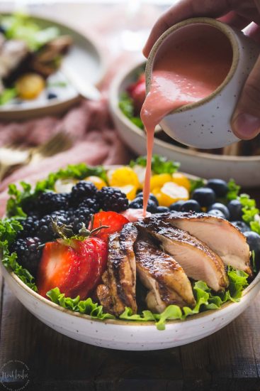 Grilled Paleo Balsamic Chicken with fruity salad and creamy dairy free strawberry vinaigrette