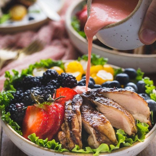 Grilled Paleo Balsamic Chicken with fruity salad and creamy dairy free strawberry vinaigrette