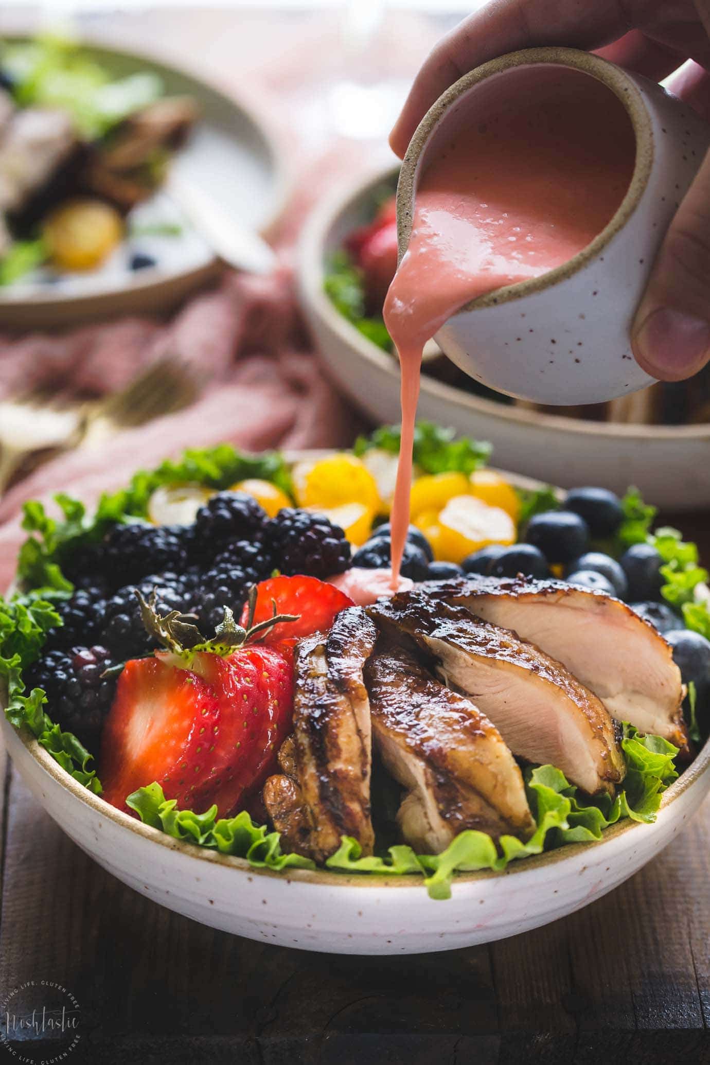 Grilled Paleo Balsamic Chicken with fruity salad and creamy dairy free strawberry vinaigrette