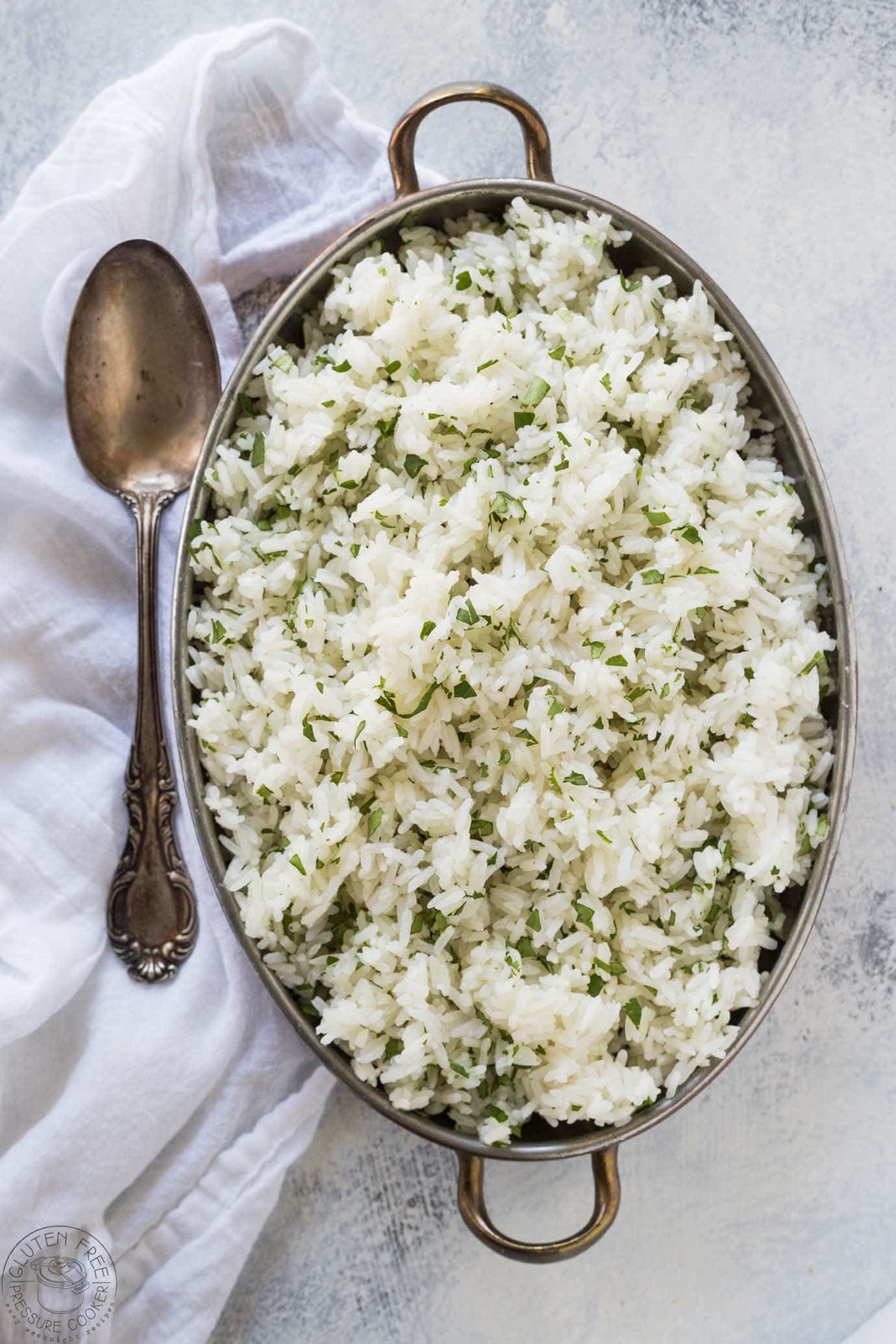 Overhead photo of cilantro basmati rice in a bowl
