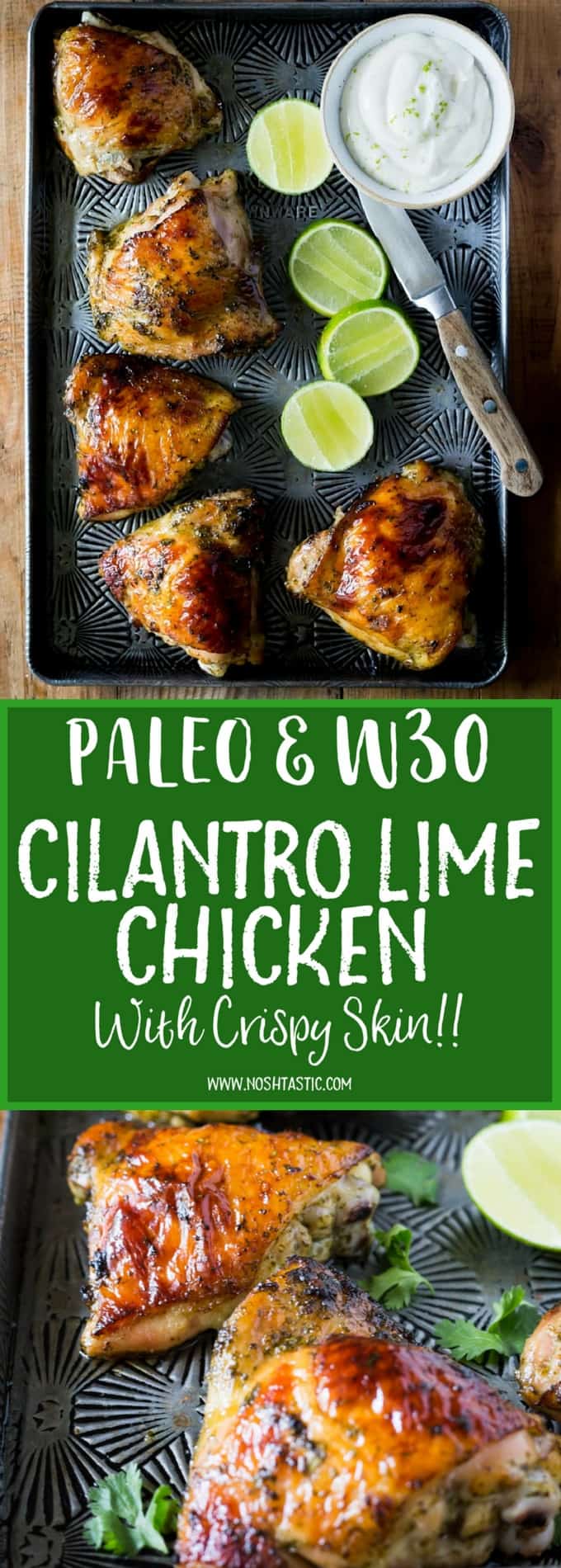 Crispy Baked Paleo Cilantro Lime Chicken! With Whole 30 option. Made with a Cilantro, Honey, Allspice, Lime, Chili Flakes and Garlic marinade.