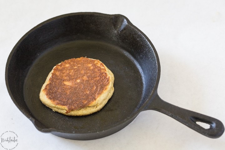 fully cooked paleo pancake still in skillet