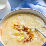 This is an easy and delicious pressure cooker corn chowder recipe created especially for the electric pressure cooker! It's both creamy and dairy free, and has some tasty pieces of crispy bacon added for extra flavor!