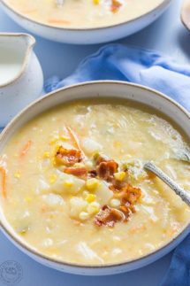 This is an easy and delicious pressure cooker corn chowder recipe created especially for the electric pressure cooker! It's both creamy and dairy free, and has some tasty pieces of crispy bacon added for extra flavor!