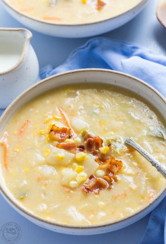 This is an easy and delicious pressure cooker corn chowder recipe created especially for the electric pressure cooker! It's both creamy and dairy free, and has some tasty pieces of crispy bacon added for extra flavor!