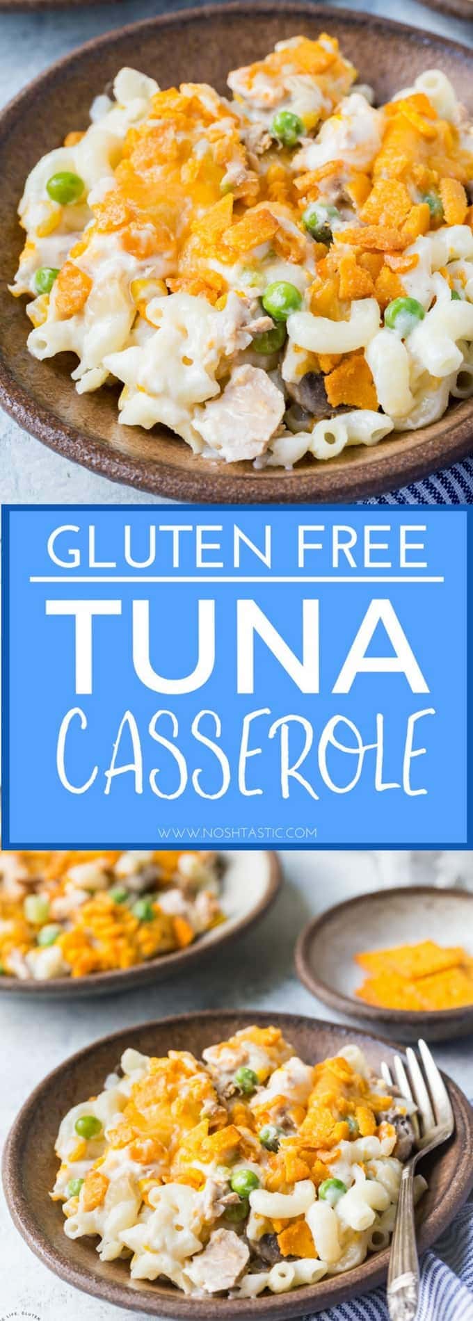 Gluten Free Tuna Casserole recipe that everyone will love! Made with gluten free cheese cracker topping that's delicious!