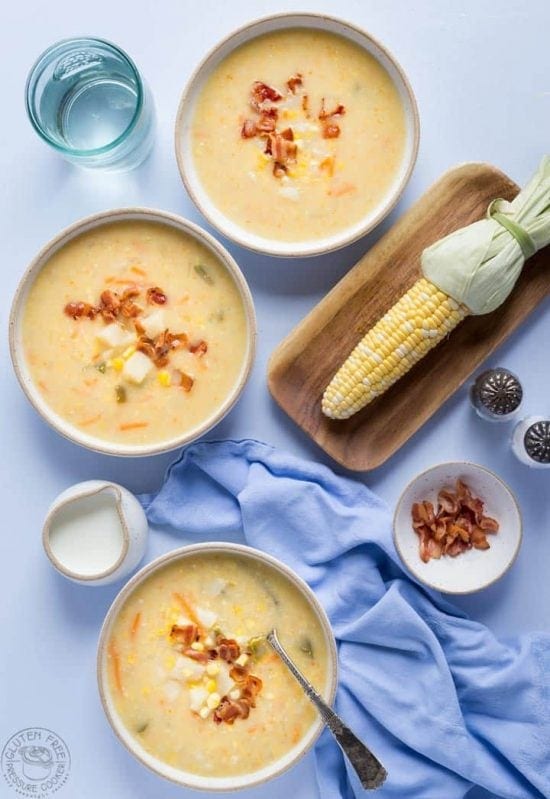 This is an easy and delicious pressure cooker corn chowder recipe created especially for the electric pressure cooker! It's both creamy and dairy free, and has some tasty pieces of crispy bacon added for extra flavor!