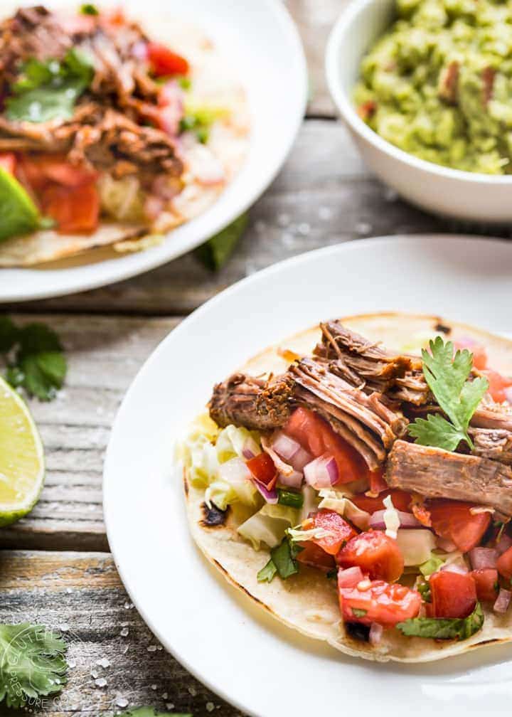 Pressure Cooker Pot Roast Tacos! Easy gluten free recipe, perfect for your electric pressure cooker or Instant Pot. The pot roast is Paleo, Whole30 and Low Carb, just use a lettuce wrap instead of corn tortillas for Paleo/W30. #paleo #w30 #whole30 #lowcarb #keto #instantpot #instapot #electricpressurecooker #pressurecooking #potroast #glutenfree