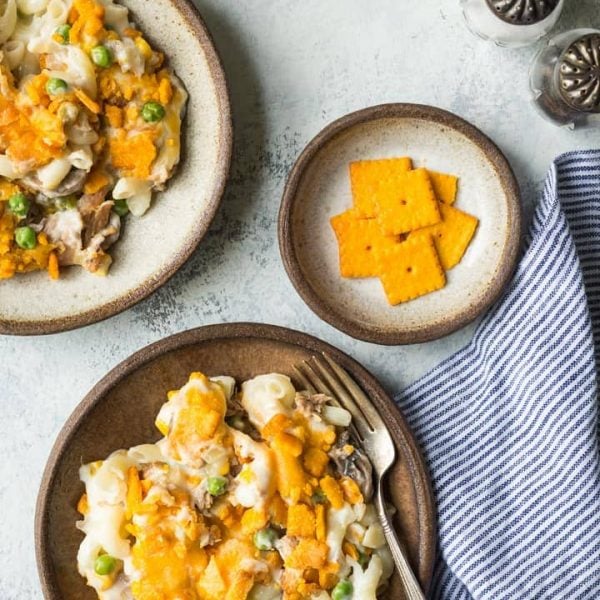 Gluten Free Tuna Casserole recipe that everyone will love! Made with gluten free cheese cracker topping that's delicious!