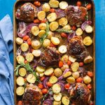 You need to try my delicious, easy, sheet pan Paleo Balsamic Chicken recipe with Roasted Potatoes, Red Onion, Tomatoes & fresh herbs! You can cook it on one pan in the oven in an hour or less.