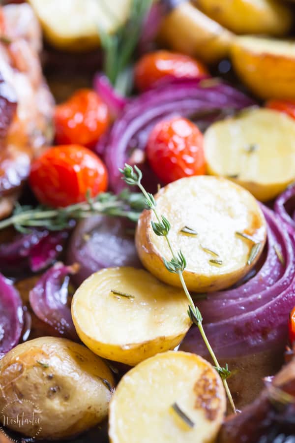 Roast potatoes with thyme on a sheet pan